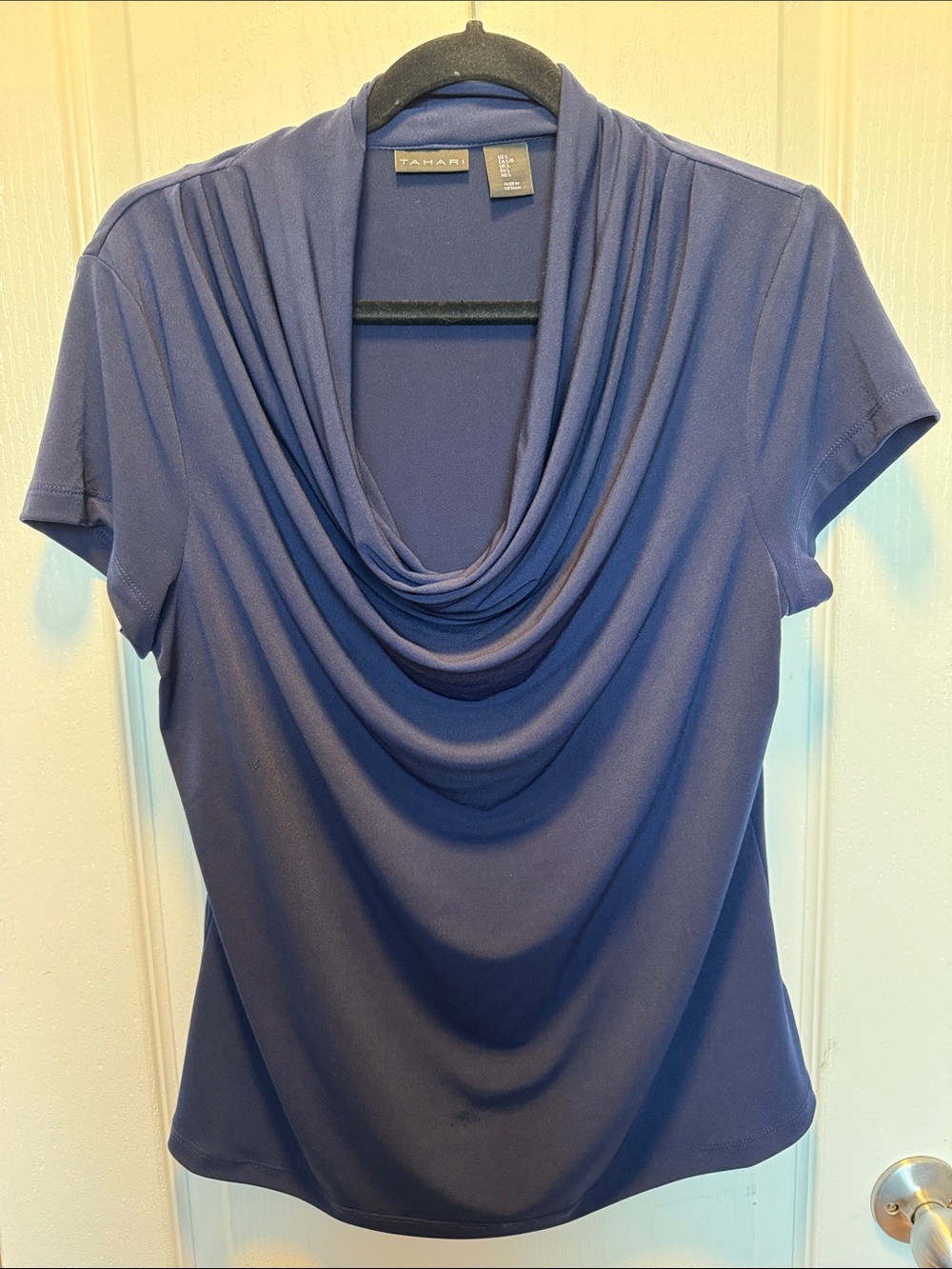 Tahari Navy Drape Neck Short Sleeve Top